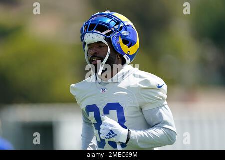 Los Angeles Rams safety Nick Scott (33) runs during an NFL football game  against the Atlanta Falcons Sunday, Sept. 18, 2022, in Inglewood, Calif.  (AP Photo/Kyusung Gong Stock Photo - Alamy