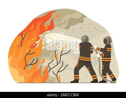 Firefighter Men Staffs Extinguish Fire by Spraying Water Stock Vector