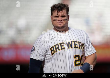 Milwaukee Brewers' Daniel Vogelbach during the fourth inning of a baseball  game against the Los Angeles Dodgers Sunday, May 2, 2021, in Milwaukee. (AP  Photo/Aaron Gash Stock Photo - Alamy