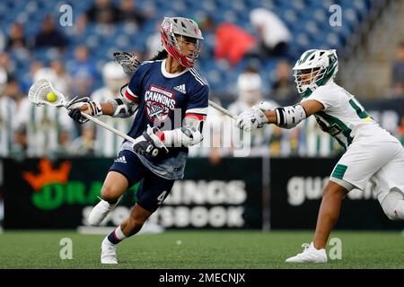 Cannons' Lyle Thompson (4) carries the ball past Redwoods' Patrick Harbeson  (40) during a Premier Lacrosse League game, Friday, June 4, 2021, in  Foxborough, Mass. The Redwoods won 12-11. (AP Photo/Steve Luciano Stock  Photo - Alamy