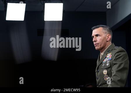 U.S. Marine Corps Lt. Gen. Dennis Crall, director, command, control, communications and computers / cyber, speaks during a media briefing at the Pentagon, Friday, June 4, 2021, in Washington. (AP Photo/Alex Brandon)