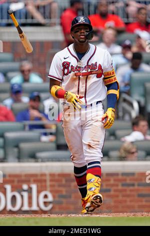 Atlanta Braves right fielder Ronald Acuna Jr. (13) flips his bat after  drawing a walk during a baseball game against the Washington Nationals  Thursday, June 3, 2021, in Atlanta. (AP Photo/John Bazemore