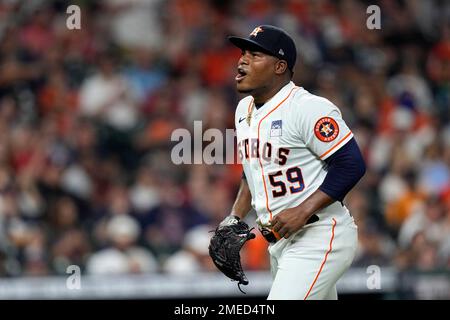 Houston, USA. 14th Oct, 2021. Houston Astros starting pitcher Framber Valdez  (59) speaks during the press conference on workout day before game one of  the ALCS against Boston Red Sox in Houston