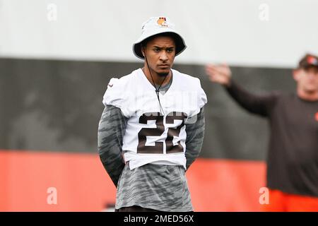 Cleveland Browns safety Grant Delpit (22) prior to an NFL football game  against the Minnesota Vikings, Sunday, Oct. 3, 2021 in Minneapolis.  Cleveland won 14-7. (AP Photo/Stacy Bengs Stock Photo - Alamy