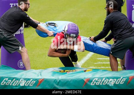 Minnesota Vikings rookies, including quarterback Kellen Mond, front right,  practice during NFL football rookie minicamp Friday, May 14, 2021, in  Eagan, Minn. (Elizabeth Flores/Star Tribune via AP Stock Photo - Alamy