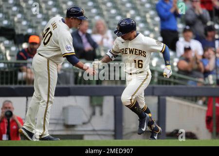 Milwaukee Brewers' Daniel Vogelbach during the fourth inning of a baseball  game against the Los Angeles Dodgers Sunday, May 2, 2021, in Milwaukee. (AP  Photo/Aaron Gash Stock Photo - Alamy