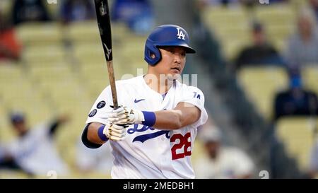 Los Angeles Dodgers first baseman Yoshi Tsutsugo (28) singles and