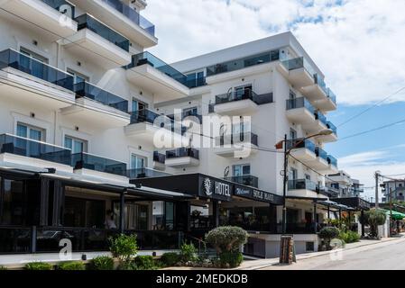 Ksamil, Albania - September 11, 2021: Hotel Sole Mare in the Ksamil village in the riviera of Southern Albania, and part of Butrint National Park. Stock Photo