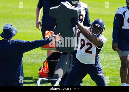 Denver Broncos defensive lineman Jonathan Harris (92) plays against the Tennessee  Titans during the first half of an NFL football game Sunday, Nov. 13, 2022,  in Nashville, Tenn. (AP Photo/Mark Zaleski Stock