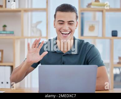 Webinar, laptop video call or business man wave for communication, SEO networking or social network with smile in office. Manager, happy or employee Stock Photo