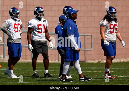 New York Giants linebacker Azeez Ojulari (51) takes the field for an NFL  football game against the Philadelphia Eagles on Sunday, Dec. 11, 2022, in  East Rutherford, N.J. (AP Photo/Adam Hunger Stock