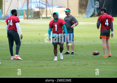 Miami Dolphins quarterbacks Jacoby Brissett (14) passes during an NFL  football practice at Baptist Health Training Complex in Hard Rock Stadium  on Wednesday, Oct. 6, 2021, in Miami Gardens, Fla. The Dolphins