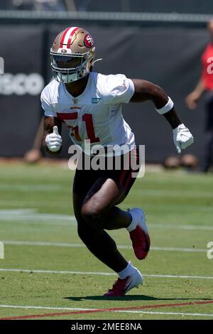 San Francisco 49ers safety Tarvarius Moore, left, and linebacker Azeez  Al-Shaair during an NFL football game against the Los Angeles Chargers in  Santa Clara, Calif., Sunday, Nov. 13, 2022. (AP Photo/Godofredo A.