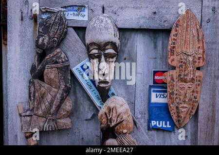 Wooden African Masks in the Souvenir Shop, Ghana Stock Photo