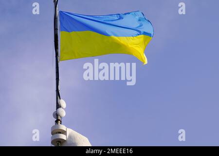 flag ukraine yellow blue Ukrainian national official on wind sky background Stock Photo