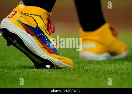 ATLANTA, GA - APRIL 21: A detailed look at the custom Nike Alpha Huarache  cleats of Atlanta Braves right fielder Ronald Acuna, Jr. (13) during the  MLB game between the Atlanta Braves