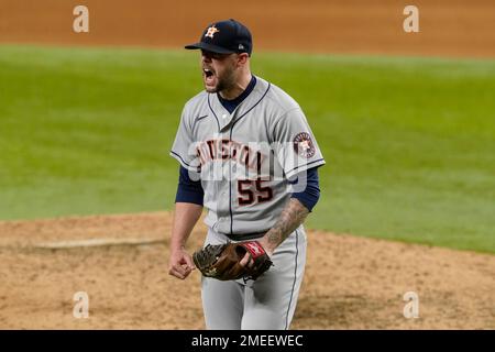 Houston Astros relief pitcher Ryan Pressly (55) celebrates getting the save  during the ninth inning of the MLB game between the New York Yankees and t  Stock Photo - Alamy