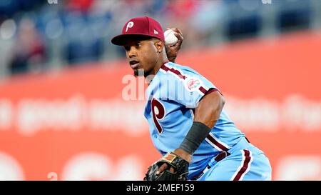 Philadelphia Phillies' Jean Segura celebrates after a home run during a  baseball game, Wednesday, Sept. 7, 2022, in Philadelphia. (AP Photo/Matt  Slocum Stock Photo - Alamy