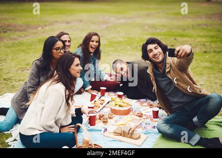 Smile for the camera guys and girls. a group of young friends taking a self portrait together while having a picnic outside during the day. Stock Photo