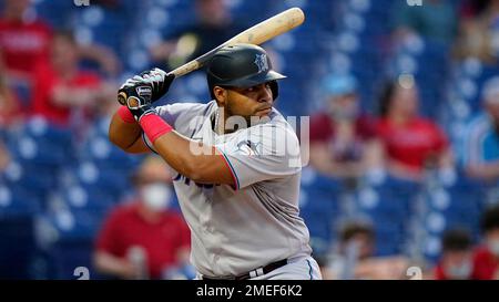 Miami Marlins' Jesus Aguilar plays during the seventh inning of a baseball  game, Tuesday, Aug. 9, 2022, in Philadelphia. (AP Photo/Matt Rourke Stock  Photo - Alamy
