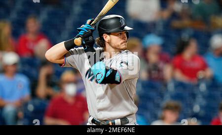 Miami Marlins' Brian Anderson, let, and JJ Bleday celebrate after a baseball  game against the Philadelphia Phillies, Thursday, Sept. 8, 2022, in  Philadelphia. (AP Photo/Matt Slocum Stock Photo - Alamy