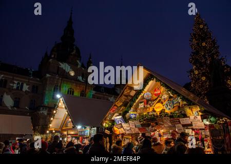 Graz, Austria - December 17, 2022: Christmas market at Hauptplatz in front of the town hall Stock Photo