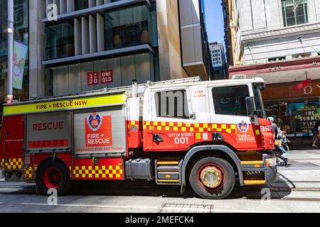 Australian fire brigade, NSW Fire and Rescue brigade truck on George street in Sydney city centre,NSW,Australia Stock Photo