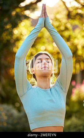 Yoga meditation peace, zen and woman meditate for spiritual mental health, chakra energy balance or soul aura healing. Nature park, freedom or pilates Stock Photo