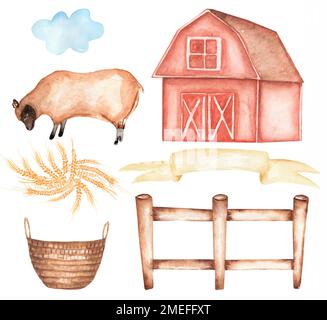 Farm Animals Clipart, Watercolor hand drawn sheep Clip art, Cute  illustration, barn clip art, Village set Stock Photo