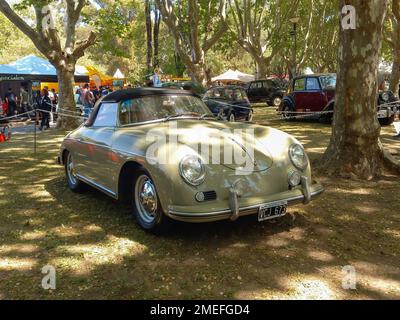 Old sport 1959 Porsche 356 A two door convertible in a park. Nature, grass, trees. Autoclasica 2022 classic car show. Stock Photo