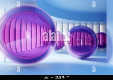 3d illustration of a pink balls in   walkway.  A close-up of a round monocrome tunnel. Stock Photo