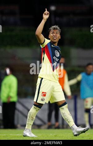 America's Roger Martinez celebrates scoring his side's 3rd goal against Pachuca during a Mexican soccer league quarterfinal second leg soccer match at Azteca stadium in Mexico City, Sunday, May 16, 2021. (AP Photo/Eduardo Verdugo)