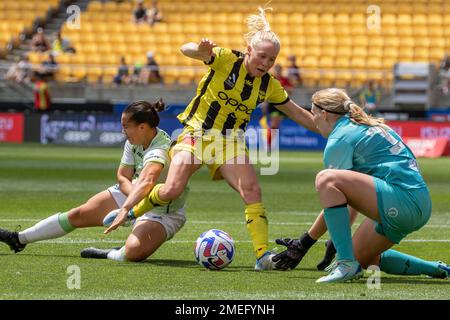 Wellington, New Zealand. 22nd Jan, 2023. Wellington, New Zealand, January 22nd 2023: Betsy Hassett (11 Wellington Phoenix) is seemingly knocked during the A League Womens game between Wellington Phoenix and Canberra United at Sky Stadium in Wellington, New Zealand. (Joe Serci - SPP) Credit: SPP Sport Press Photo. /Alamy Live News Stock Photo