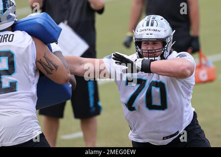 SPARTANBURG, SC - AUGUST 06: Carolina Panthers tackle Brady Christensen  (70) during the Carolina Panthers training camp on August 06, 2022, at  Wofford College in Spartanburg, SC. (Photo by John Byrum/Icon Sportswire) (