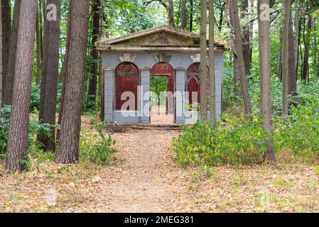 A ruined, brick building in a summer forest, an old and unnecessary building. Ruins of an old building in a forest without windows, doors and a roof. Stock Photo