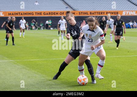 Auckland, New Zealand. 21st Jan, 2023. Auckland, New Zealand, January 21st 2023: Emily Fox (23 USA) holds off Tayla O'Brien (34 New Zealand) during the International Friendly between USA and the New Zealand Football Ferns at Eden Park in Auckland, New Zealand. (Joe Serci/SPP) Credit: SPP Sport Press Photo. /Alamy Live News Stock Photo