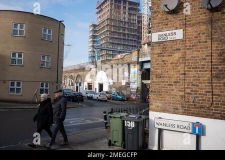 The tall high-rise residential development  called Higgs Yard, rises with more storeys above existing local housing at Loughborough Junction in Lambeth, south London, on 23rd January 2023, in London, England. Higgs Yard will be a residential-led mixed-use development on the Higgs Industrial Estate in Loughborough Junction, London SE24. 134 new homes and 4,150m2 of commercial floorspace. 50% of the homes will be affordable. Stock Photo