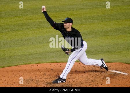 Miami Marlins relief pitcher Zach Pop works against the Colorado Rockies  during the fifth inning of a baseball game Saturday, Aug. 7, 2021, in  Denver. (AP Photo/David Zalubowski Stock Photo - Alamy