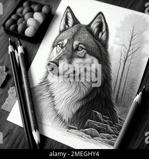 A high-angle shot of a wolf drawing in black and white with a pen on white paper. Stock Photo