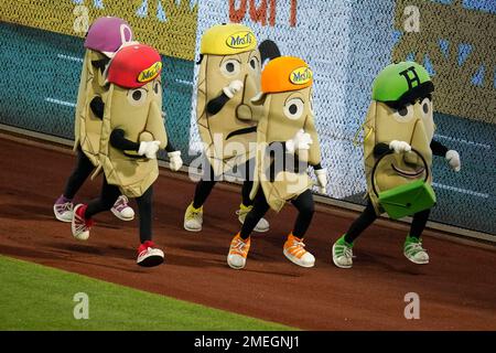 The Pittsburgh Pirates pierogi race in the outfield during a spring  training exhibition baseball game between the Pittsburgh Pirates and the  Atlanta Braves in Bradenton, Fla., Thursday, March 26, 2015. (AP  Photo/Carlos