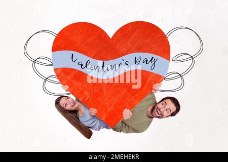 Creative collage image of two mini positive people peeking look interested big valentine day heart isolated on drawing background Stock Photo