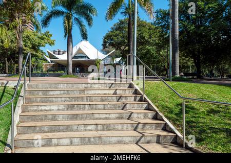 Staircase. Parish of Our Lady of Fatima flanked by several trees in a public square. Stock Photo