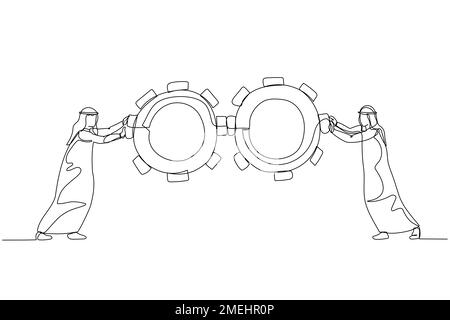 arab man pushing gears wheel concept of business team work. Single continuous line art style Stock Vector