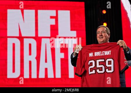 A Mr. Irrelevant jersey is held up during the seventh round of the NFL  football draft, Saturday, May 1, 2021, in Cleveland. The final pick of the  draft was Grant Stuard, a