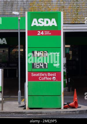 Brighton UK 24th January 2023 - Fuel prices at an Asda petrol station in Brighton have continued to fall with unleaded petrol dropping below £1.50 a litre : Credit Simon Dack / Alamy Live News Stock Photo