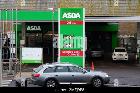 Brighton UK 24th January 2023 - Fuel prices at an Asda petrol station in Brighton have continued to fall with unleaded petrol dropping below £1.50 a litre : Credit Simon Dack / Alamy Live News Stock Photo