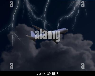Jet passenger airplane flying at night in bad weather with lightning bolts and storm through dark clouds. Stock Photo