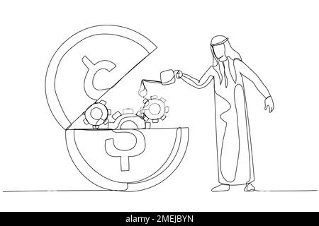 arab man put lubricant oil on opening gold coin concept of financial liquidity. One line art style Stock Vector