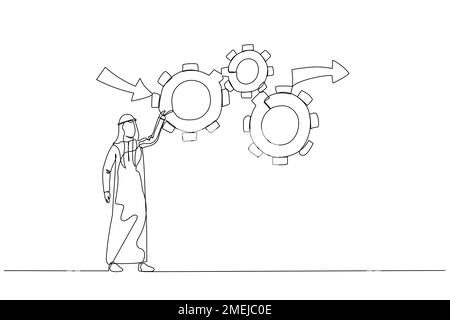 arab man make cogwheels work effective and efficient for best result concept of workflow management. One line art style Stock Vector