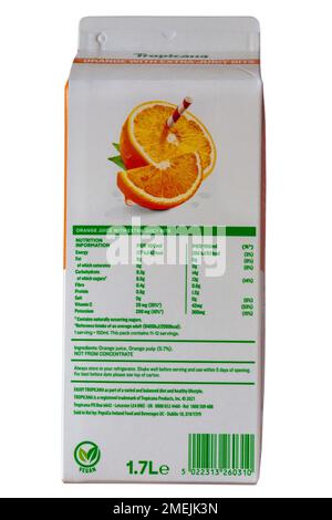 Nutrition information detail on carton of Tropicana Orange with extra juicy bits orange juice drink Stock Photo